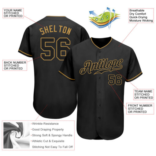 Custom Black Black-Old Gold Authentic Baseball Jersey Suit for daily life, Fabric: 95% polyester and 5% spandex, Regular fit, Stitch Color: automatically matched based on patterns