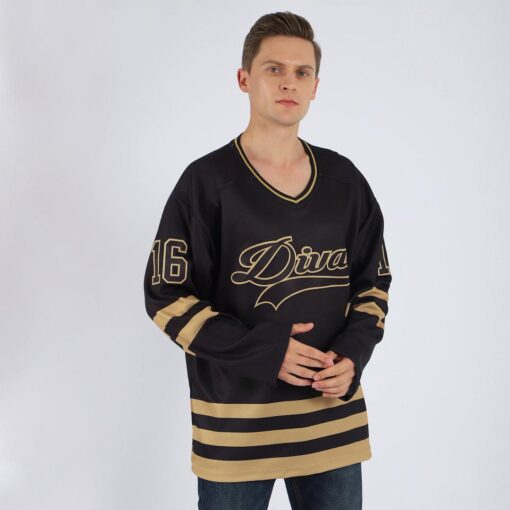 Custom Black Black-Old Gold Hockey Jersey Suit for daily life, Fabric: 95% polyester and 5% spandex, Regular fit, Stitch Color: automatically matched based on patterns