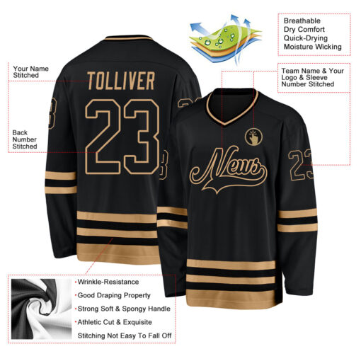 Custom Black Black-Old Gold Hockey Jersey Suit for daily life, Fabric: 95% polyester and 5% spandex, Regular fit, Stitch Color: automatically matched based on patterns