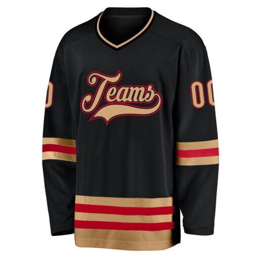 Custom Black Old Gold-Red Hockey Jersey Suit for daily life, Fabric: 95% polyester and 5% spandex, Regular fit, Stitch Color: automatically matched based on patterns