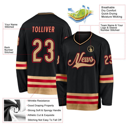 Custom Black Old Gold-Red Hockey Jersey Suit for daily life, Fabric: 95% polyester and 5% spandex, Regular fit, Stitch Color: automatically matched based on patterns