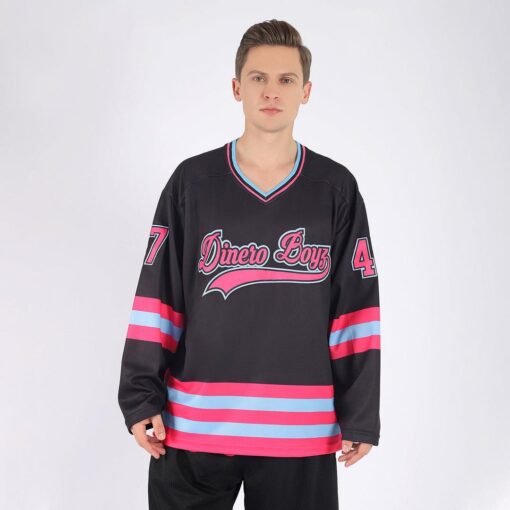 Custom Black Pink-Light Blue Hockey Jersey Suit for daily life, Fabric: 95% polyester and 5% spandex, Regular fit, Stitch Color: automatically matched based on patterns