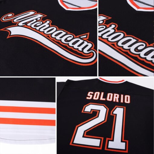 Custom Black White-Orange Hockey Jersey Suit for daily life, Fabric: 95% polyester and 5% spandex, Regular fit, Stitch Color: automatically matched based on patterns