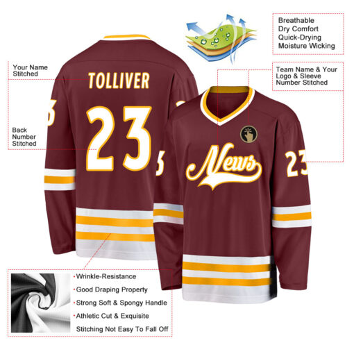 Custom Burgundy White-Gold Hockey Jersey Suit for daily life, Fabric: 95% polyester and 5% spandex, Regular fit, Stitch Color: automatically matched based on patterns